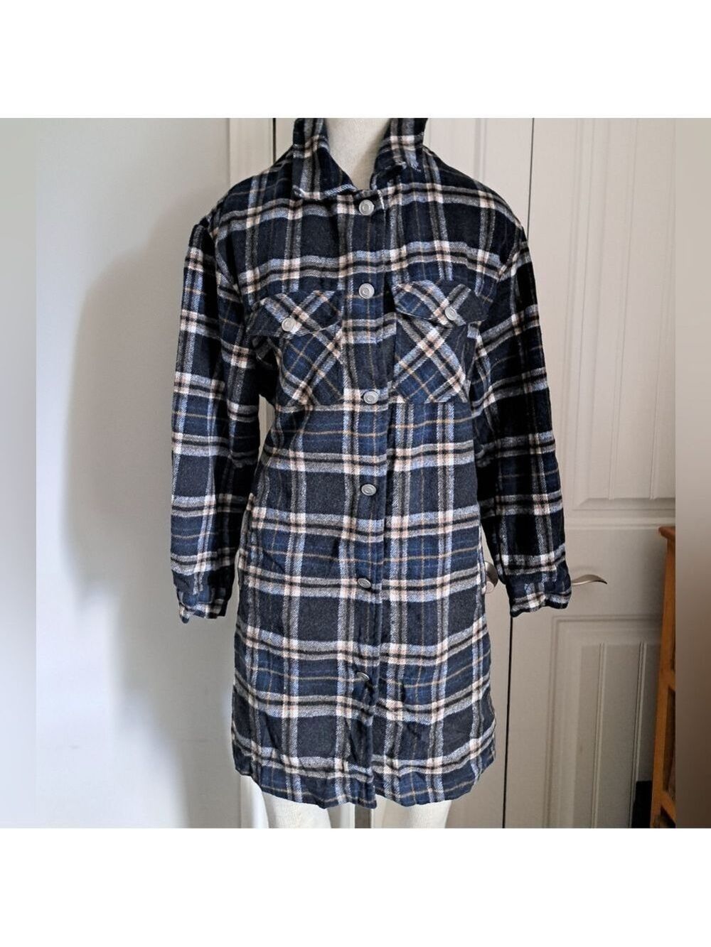 SPOON JEANS plaid check shacket jacket flannel long tunic shirt fall western XL